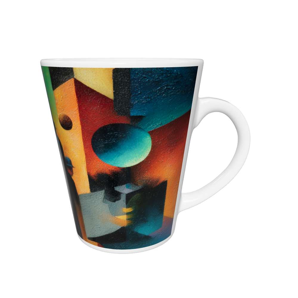 „Latte-Tasse konisch mit Kunstmotiv: Menschenmenge in Hüten in einer farbigen, geometrisch-abstrakten Stadtlandschaft“
