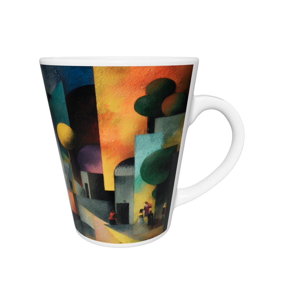 „Latte-Tasse konisch mit Kunstmotiv: Kubistische Stadtlandschaft mit bunten geometrischen Flächen, Figuren und Bäumen“