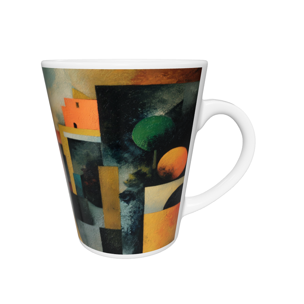 „Latte-Tasse konisch mit Kunstmotiv: Kubistische Stadtlandschaft mit Brücke, Häusern, Bäumen und Figuren in kräftigen Farben“
