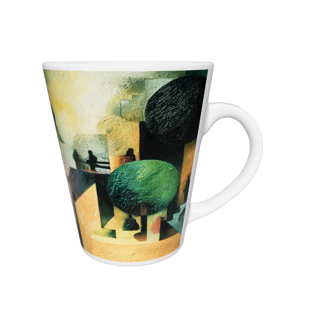 „Latte-Tasse konisch mit Kunstmotiv: Kubistische mediterrane Stadtlandschaft in Gelb, Orange und Grün mit Figuren und Bäumen“