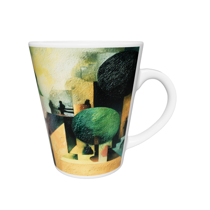 „Latte-Tasse konisch mit Kunstmotiv: Kubistische mediterrane Stadtlandschaft in Gelb, Orange und Grün mit Figuren und Bäumen“