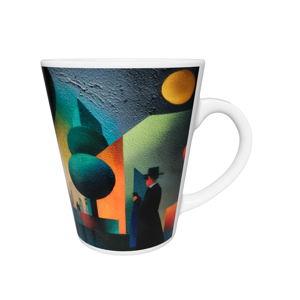 „Latte-Tasse konisch mit Kunstmotiv: Kubistische Promenade mit Spaziergängern, Häusern und farbigen Bäumen in Gelb, Orange und Grün“