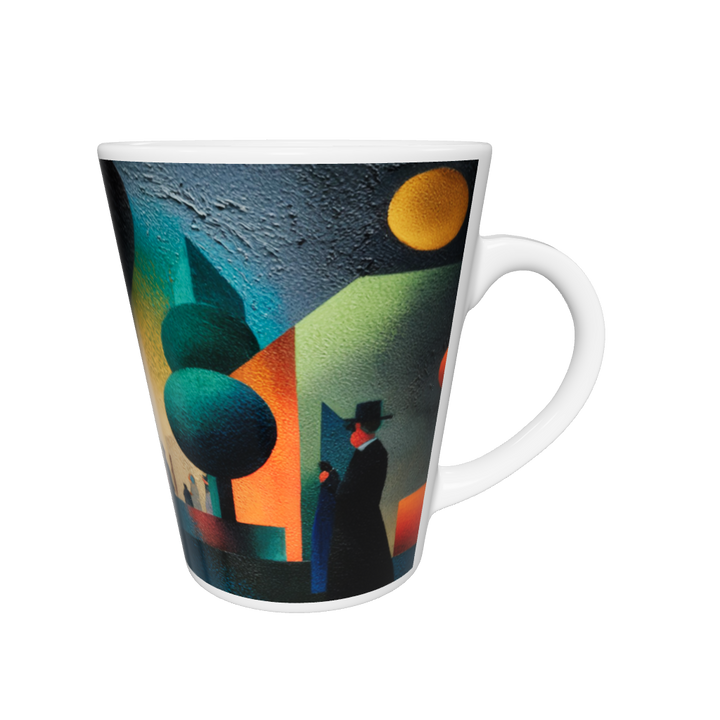 „Latte-Tasse konisch mit Kunstmotiv: Kubistische Promenade mit Spaziergängern, Häusern und farbigen Bäumen in Gelb, Orange und Grün“
