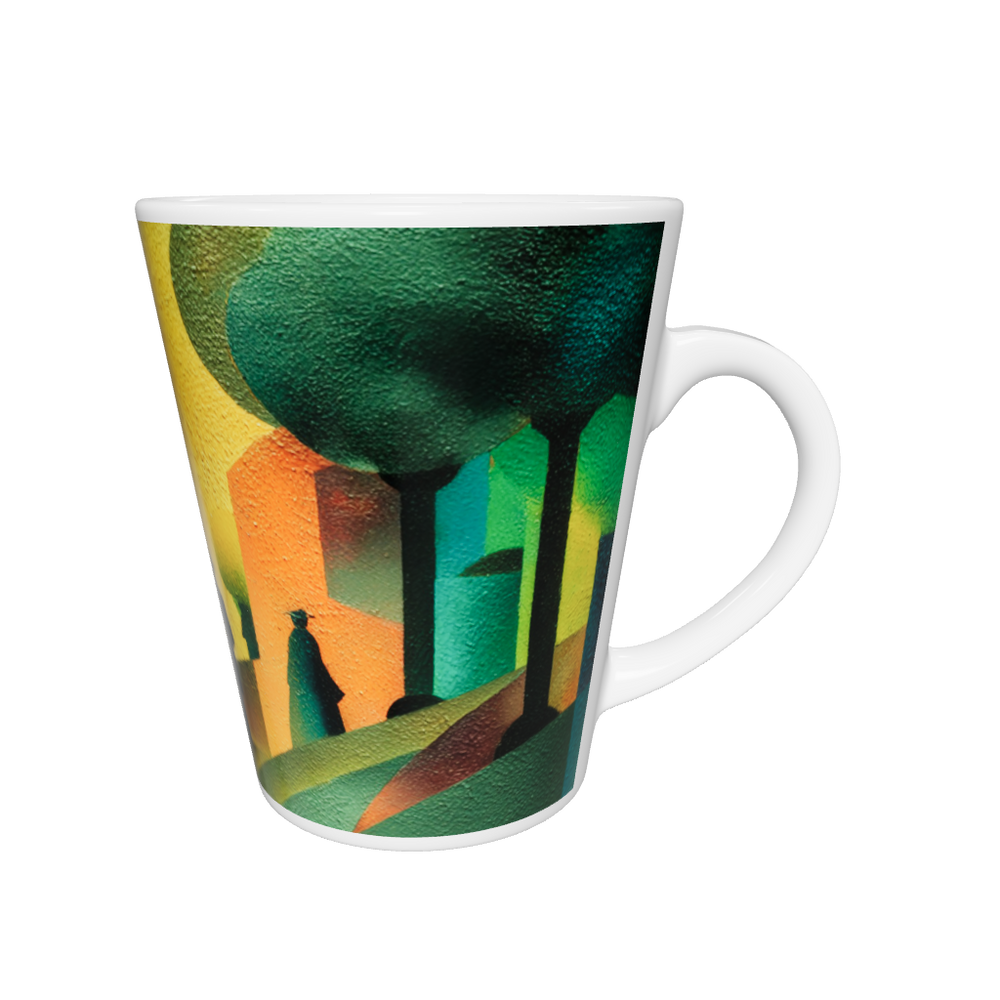 „Latte-Tasse konisch mit Kunstmotiv: Kubistische Parkszene mit Spaziergängern, geometrischen Bäumen und warmen Farben in Gelb, Grün und Orange“
