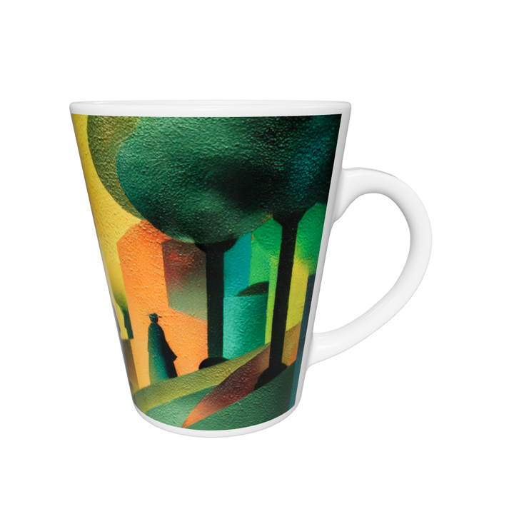 „Latte-Tasse konisch mit Kunstmotiv: Kubistische Parkszene mit Spaziergängern, geometrischen Bäumen und warmen Farben in Gelb, Grün und Orange“