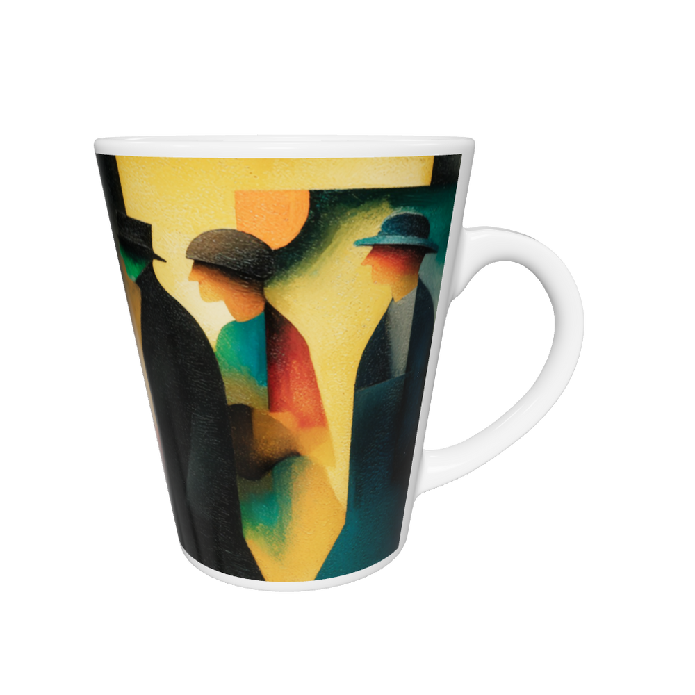 „Latte-Tasse konisch mit Kunstmotiv: Kubistische Straßenszene mit Figuren in Hüten, geometrischen Formen und Farbakzenten in Gelb, Orange, Türkis und Schwarz“