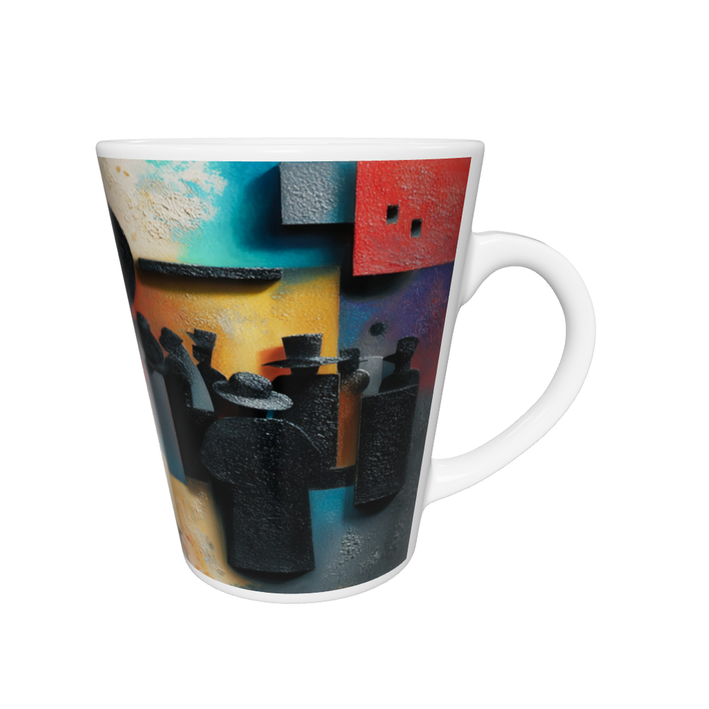 „Latte-Tasse konisch mit Kunstmotiv: Abstrahierte Menschenmenge in schwarzen Silhouetten, kontrastiert durch geometrische Formen in Rot, Gelb, Blau und Türkis“