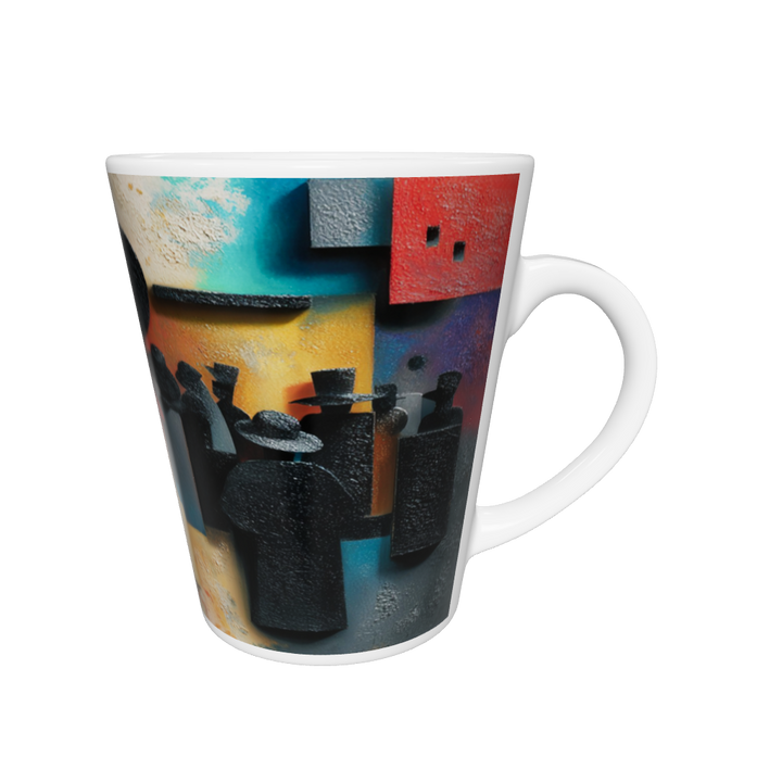 „Latte-Tasse konisch mit Kunstmotiv: Abstrahierte Menschenmenge in schwarzen Silhouetten, kontrastiert durch geometrische Formen in Rot, Gelb, Blau und Türkis“