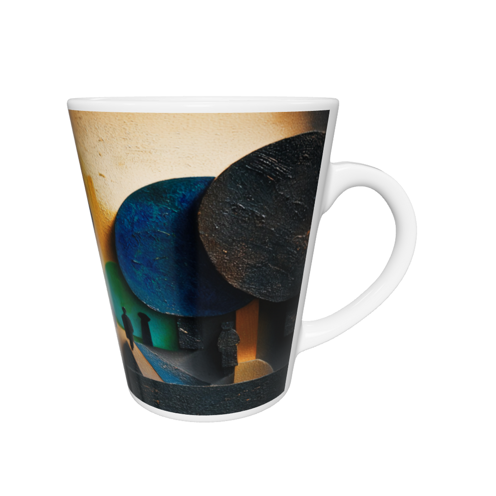 „Latte-Tasse konisch mit Kunstmotiv: Abstrakte Allee mit großen runden Baumformen in Rot, Blau und Grün, Menschen als schwarze Silhouetten“