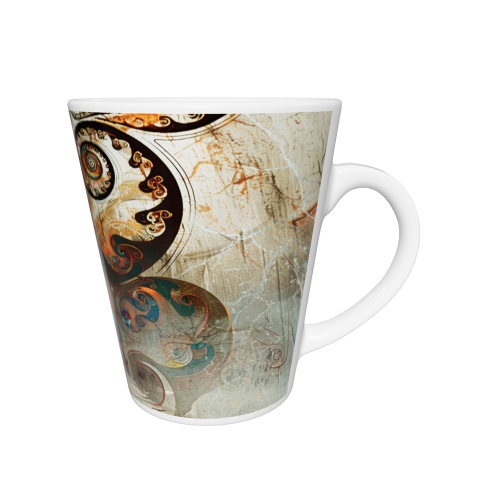 „Latte-Tasse konisch mit Kunstmotiv: Frau im blauen Kleid in surrealer Szene, großes Gesicht mit geschlossenen Augen und ornamentalen Spiralen“
