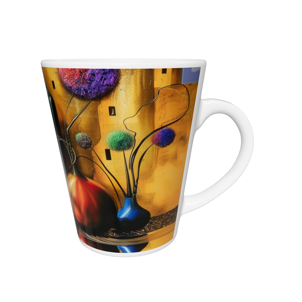 „Latte-Tasse konisch mit Kunstmotiv: Abstrakte Frauenfigur zwischen farbigen Vasen und kugelförmigen Blüten auf goldenem Hintergrund“