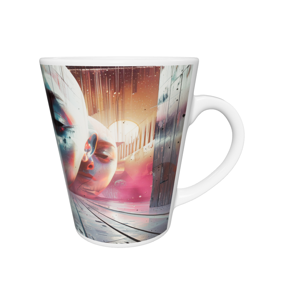 „Latte-Tasse konisch mit Kunstmotiv: Futuristische Landschaft mit gigantischen Gesichtern, Kugel und kosmischen Farben in Rosa und Blau“