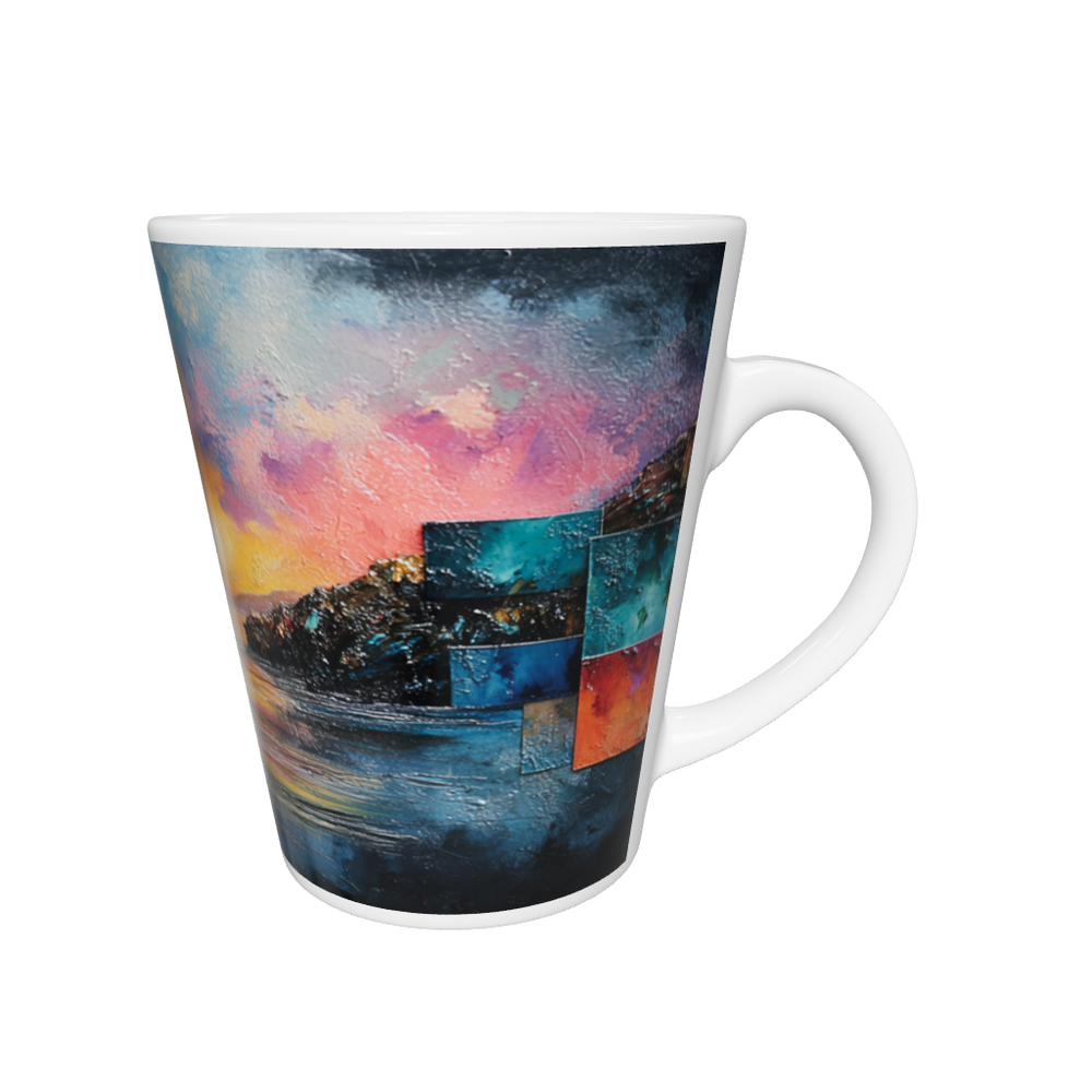 „Latte-Tasse konisch mit Kunstmotiv: Sonnenuntergang über Wasser in kräftigen Farben, abstrakte Farbflächen in der Landschaft integriert“