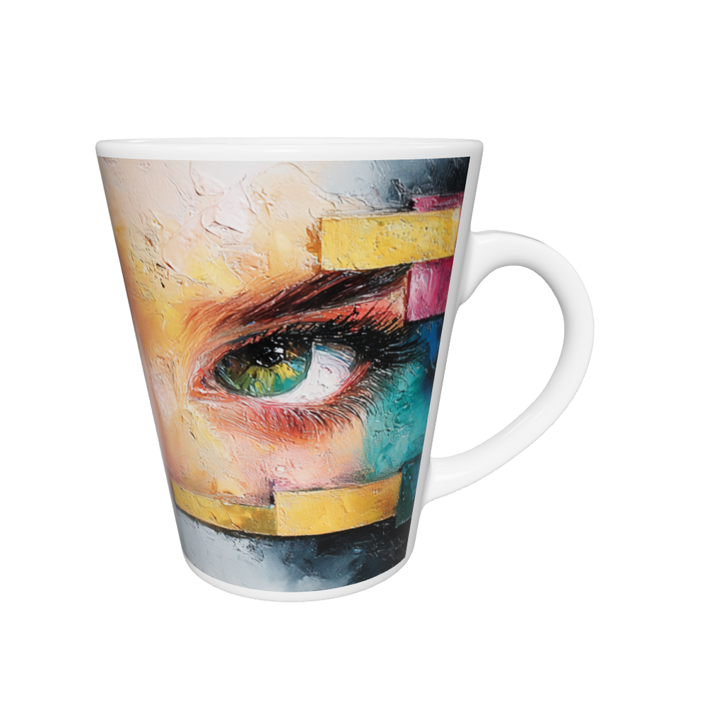 „Latte-Tasse konisch mit Kunstmotiv: Intensiver Blick grüner Augen, abstrakte Farbflächen in kräftigen Tönen ergänzen das Porträt“
