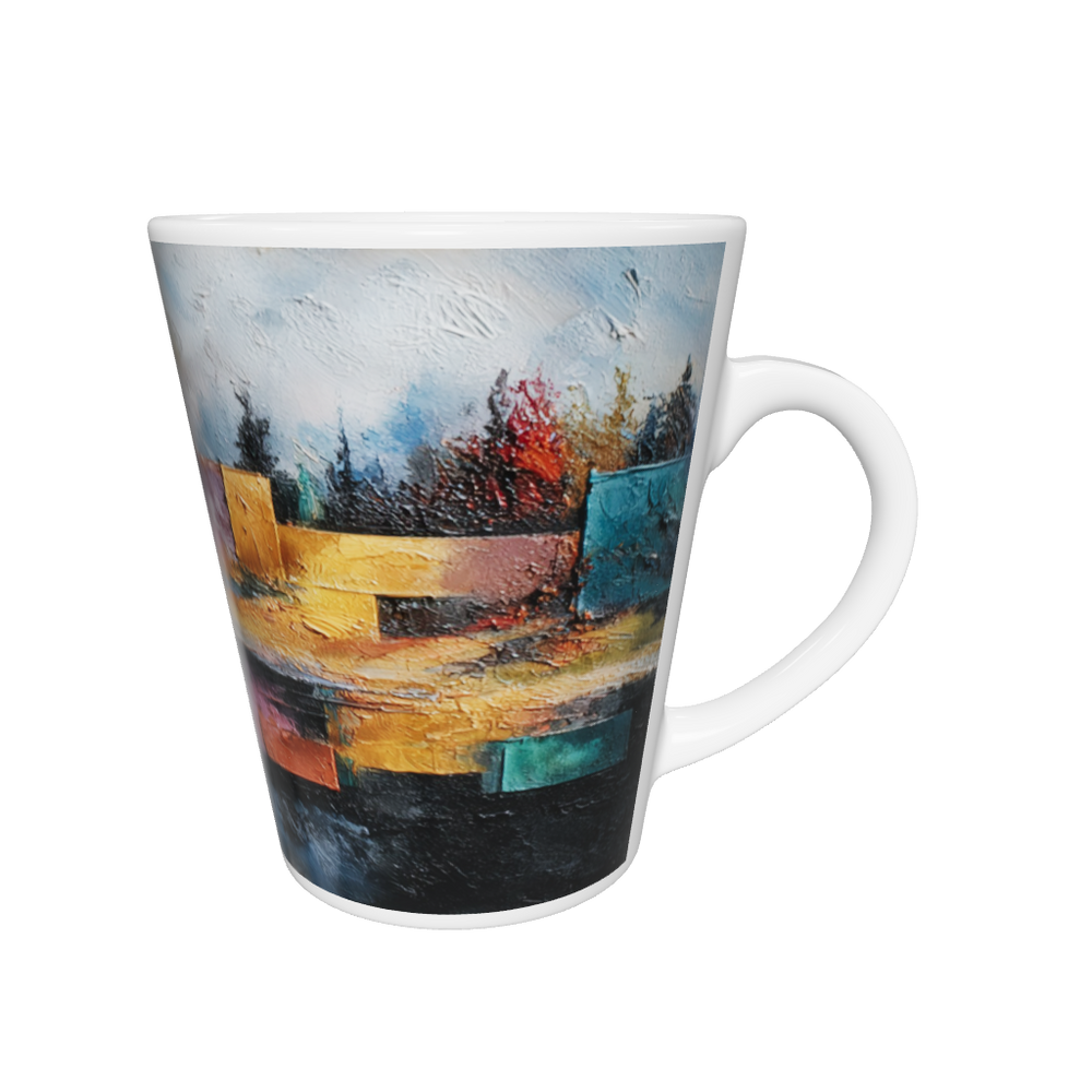 „Latte-Tasse konisch mit Kunstmotiv: Uferlandschaft mit See und Bäumen, Spiegelung kombiniert mit abstrakten Farbflächen in Rot, Gelb, Violett und Türkis“