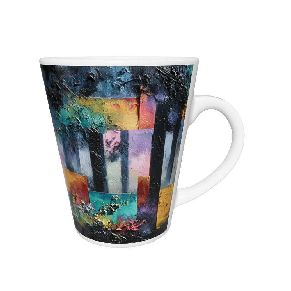 „Latte-Tasse konisch mit Kunstmotiv: Abstrakter Wald, Lichtdurchbruch in Gelb und Weiß, geometrische Farbflächen in kräftigen Tönen ergänzen die Szene“