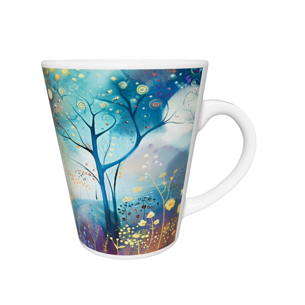 „Latte-Tasse konisch mit fantasievollem Waldmotiv, bunten Spiralen in Baumkronen, Blumen und Vogel in kräftigen Farben“