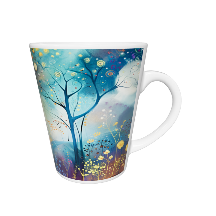 „Latte-Tasse konisch mit fantasievollem Waldmotiv, bunten Spiralen in Baumkronen, Blumen und Vogel in kräftigen Farben“