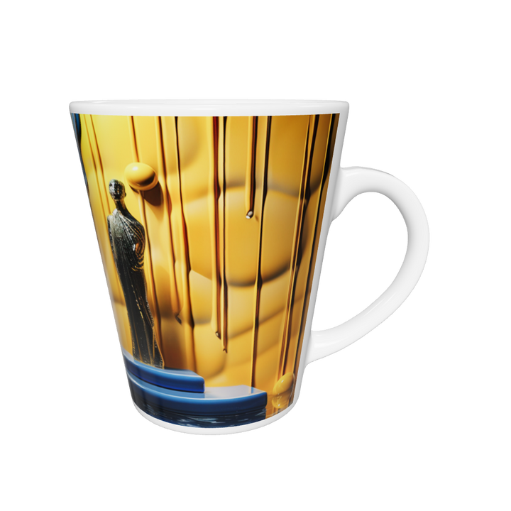 „Latte-Tasse konisch mit abstraktem Motiv in Blau und Gold, Skulpturartige Figur inmitten fließender Farbflächen“