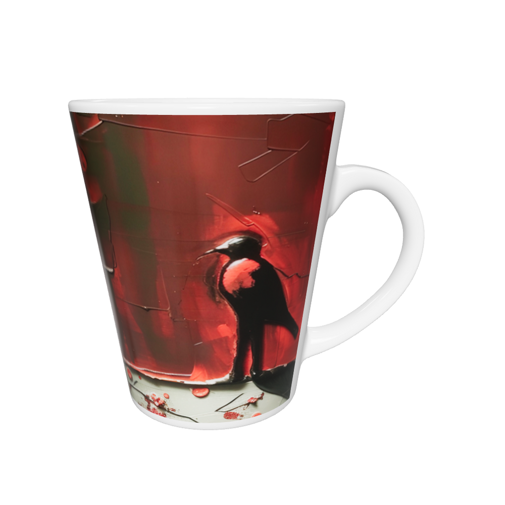 „Latte-Tasse konisch mit minimalistischem Kunstmotiv, schwarzer Vogel vor rotem Hintergrund in kraftvollem Stil“
