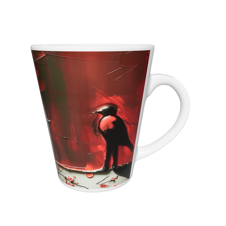 „Latte-Tasse konisch mit minimalistischem Kunstmotiv, schwarzer Vogel vor rotem Hintergrund in kraftvollem Stil“
