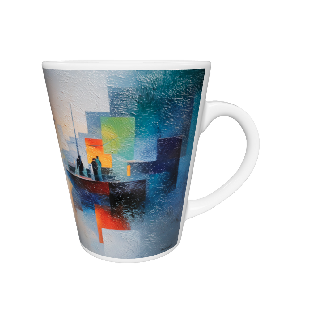 „Latte-Tasse konisch mit abstraktem Kunstmotiv, Figuren auf Booten in geometrisch-farbiger Landschaft bei Sonnenlicht“