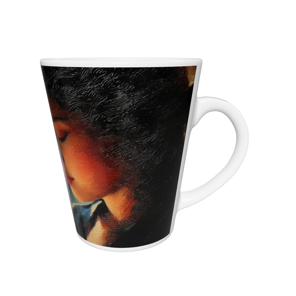 „Latte-Tasse konisch mit Kunstmotiv: Porträt einer Frau mit geschlossenen Augen, abstrakte Figuren und Farbfelder im Hintergrund“