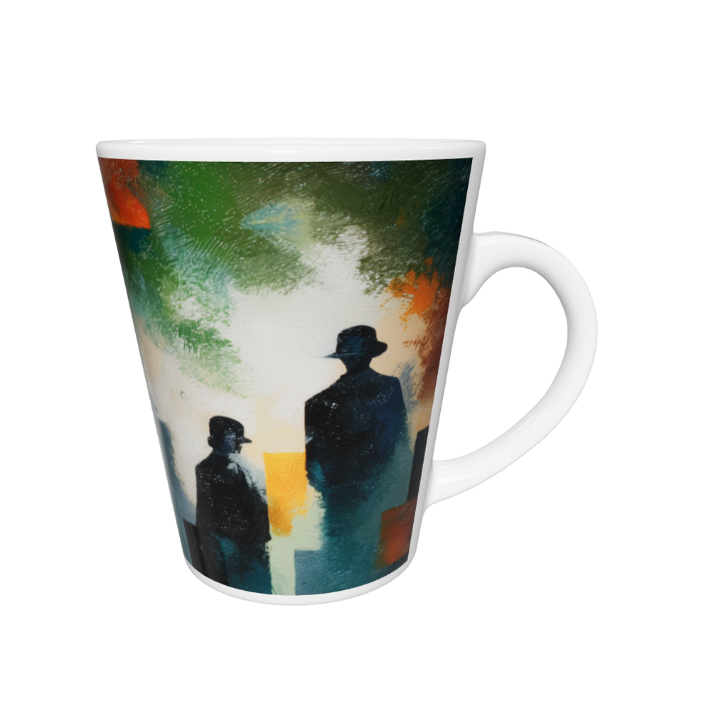 „Latte-Tasse konisch mit Kunstmotiv: Porträt einer Frau mit blauen Augen, schemenhafte Figuren im Hintergrund“