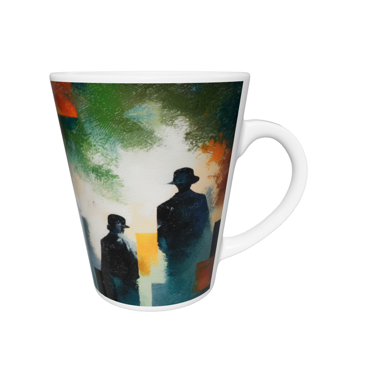 „Latte-Tasse konisch mit Kunstmotiv: Porträt einer Frau mit blauen Augen, schemenhafte Figuren im Hintergrund“