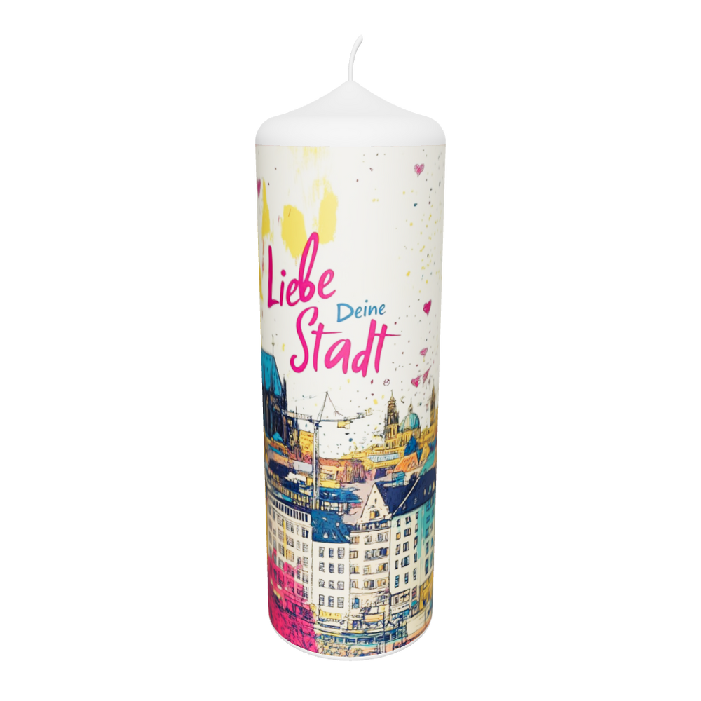 Künstlerkerze mit Skyline-Illustration und buntem Stadtmotiv
