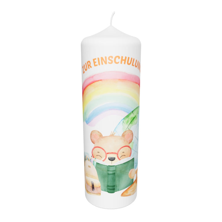 Einschulungskerze „Lesebär & Regenbogen“