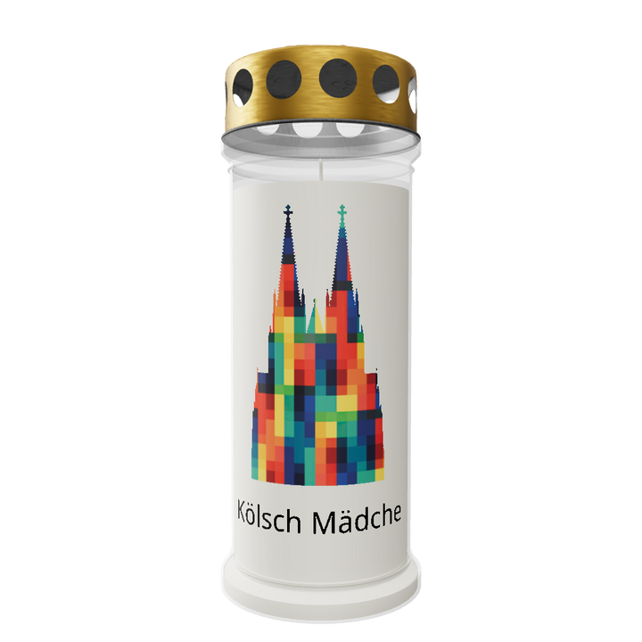 Grablicht mit farbigem Kölner Dom-Motiv und Aufschrift „Kölsche Jung“ & „Kölsches Mädche“ 