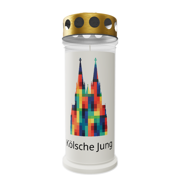 Grablicht mit farbigem Kölner Dom-Motiv und Aufschrift „Kölsche Jung“ & „Kölsches Mädche“ II
