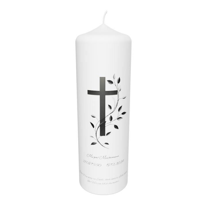 Freigestellte weiße Trauerkerze mit Kreuz und feiner Blattranke – Symbol für Hoffnung, Trost und Erinnerung.