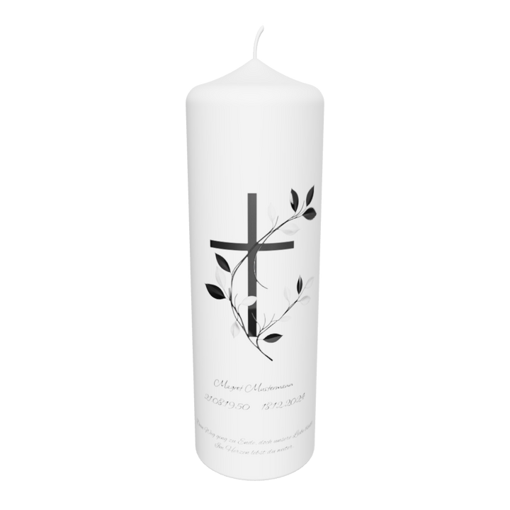 Freigestellte weiße Trauerkerze mit Kreuz und zarter Ranke – Symbol für Hoffnung, Erinnerung und neues Leben.