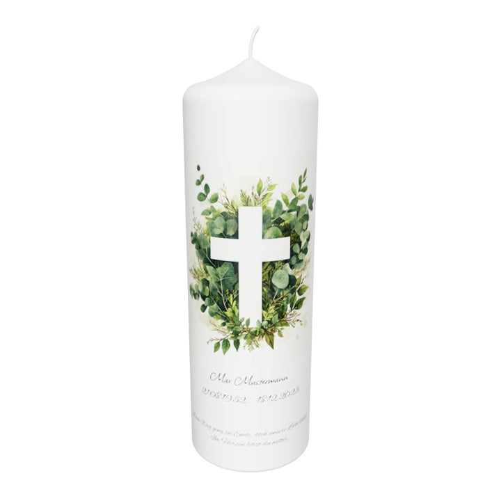 Trauerkerze mit Kreuz im Eukalyptuskranz – Symbol für Frieden, Hoffnung & Erinnerung