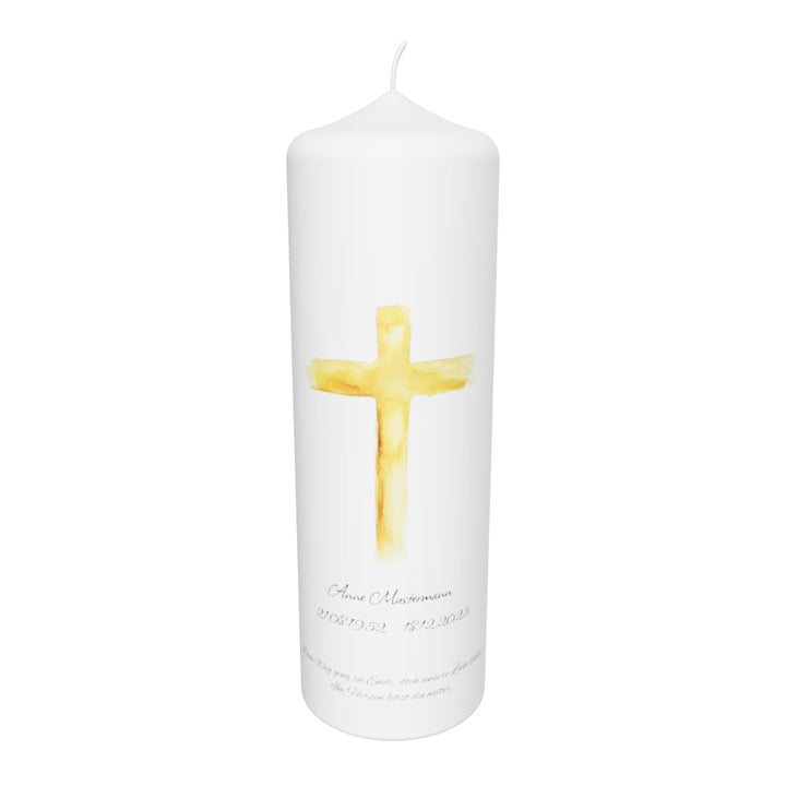 Trauerkerze mit Kreuz in Aquarelloptik – stilvoll & spirituell personalisierbar