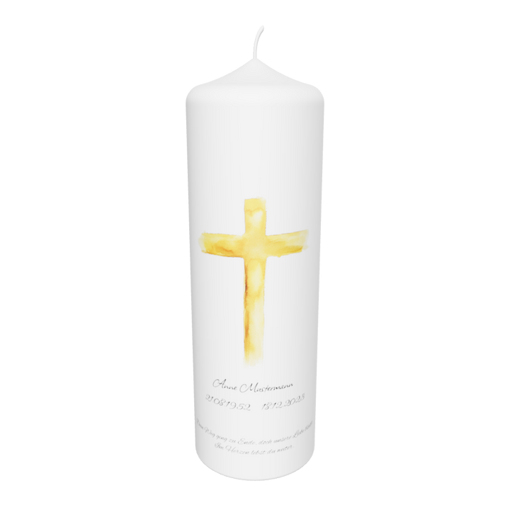 Freigestellte weiße Trauerkerze mit goldenem Kreuz im Aquarellstil – Symbol für Licht, Hoffnung und Glauben.