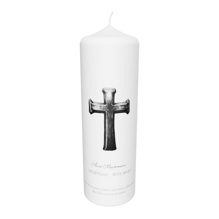Freigestellte weiße Trauerkerze mit Eisenkreuz – Symbol für Glaube, Stärke und Würde.