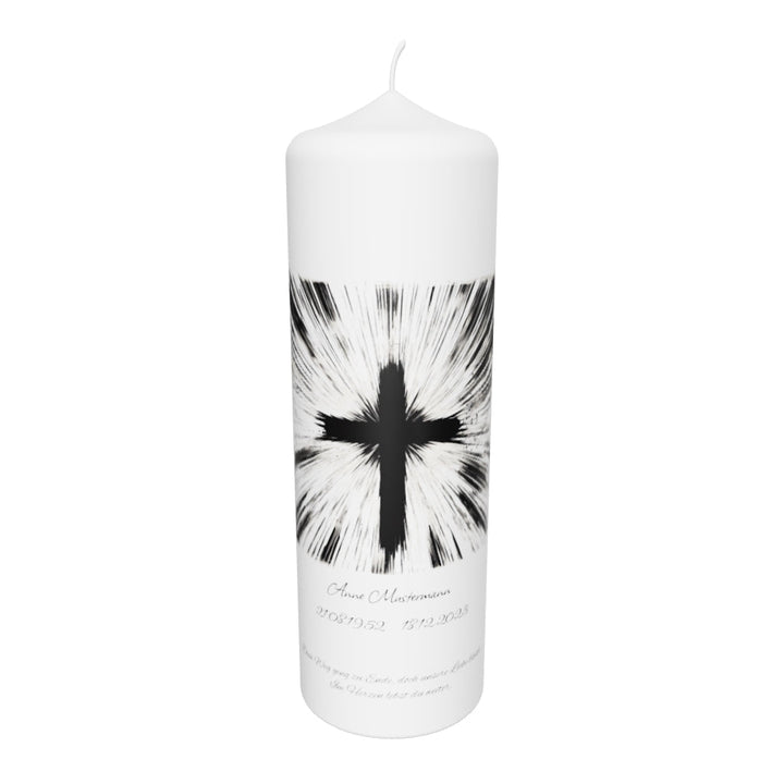 Trauerkerze mit Lichtstrahl-Kreuz – kraftvoll, symbolisch & individuell