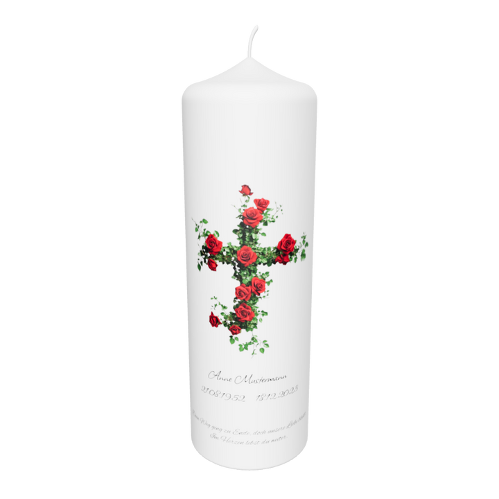 Freigestellte weiße Trauerkerze mit Kreuz aus roten Rosen – Symbol für Liebe, Glaube und Erinnerung.