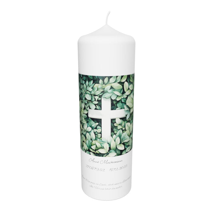 Trauerkerze mit Kreuz im Blätterrahmen – naturverbunden, sanft & personalisierbar