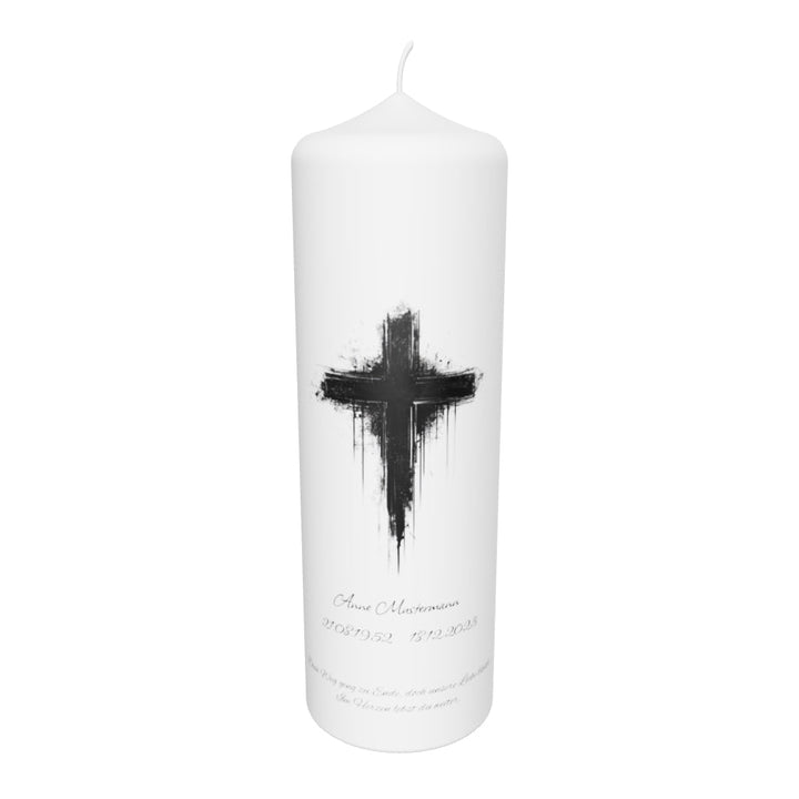 Trauerkerze mit verlaufendem Kreuz – expressiv, modern & individuell personalisierbar