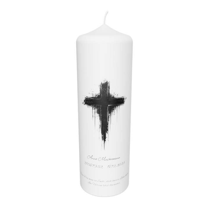 Freigestellte weiße Trauerkerze mit verlaufendem schwarzen Kreuz – Symbol für Glaube, Trost und Erinnerung.