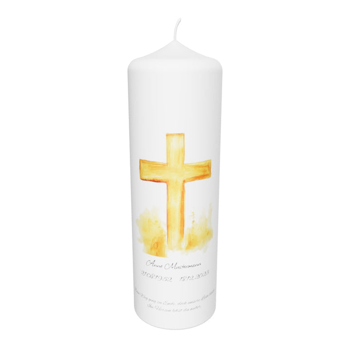 Trauerkerze mit Kreuz in Gold-Aquarell – lichtvoll, hoffnungsvoll & personalisierbar
