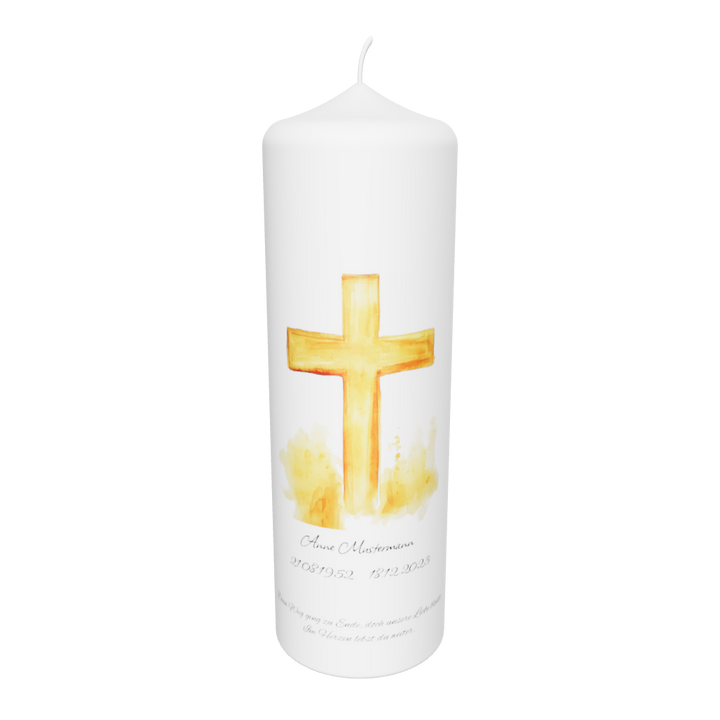 Freigestellte weiße Trauerkerze mit goldenem Kreuz in Aquarelloptik – Symbol für Licht, Trost und Hoffnung.