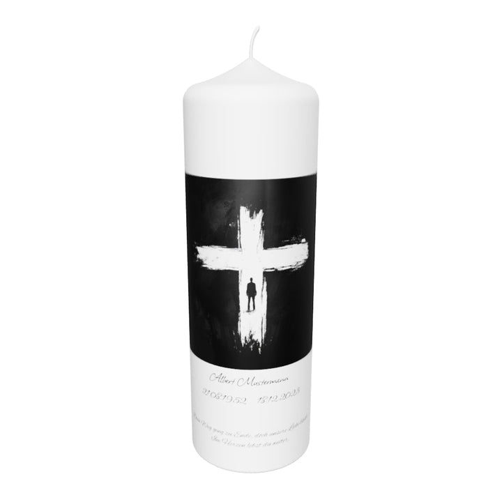Trauerkerze mit Silhouettenkreuz auf Schwarz – kontrastreich, modern & persönlich