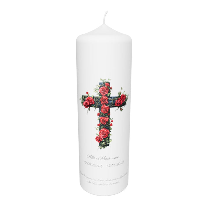 Trauerkerze mit Kreuz aus Rosen & Holz – klassisch, sinnlich & personalisierbar