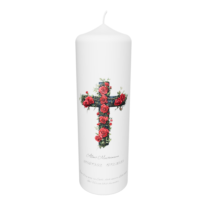 Freigestellte weiße Trauerkerze mit Kreuz aus roten Rosen auf transparentem Hintergrund – Symbol für Liebe, Glaube und bleibende Erinnerung.