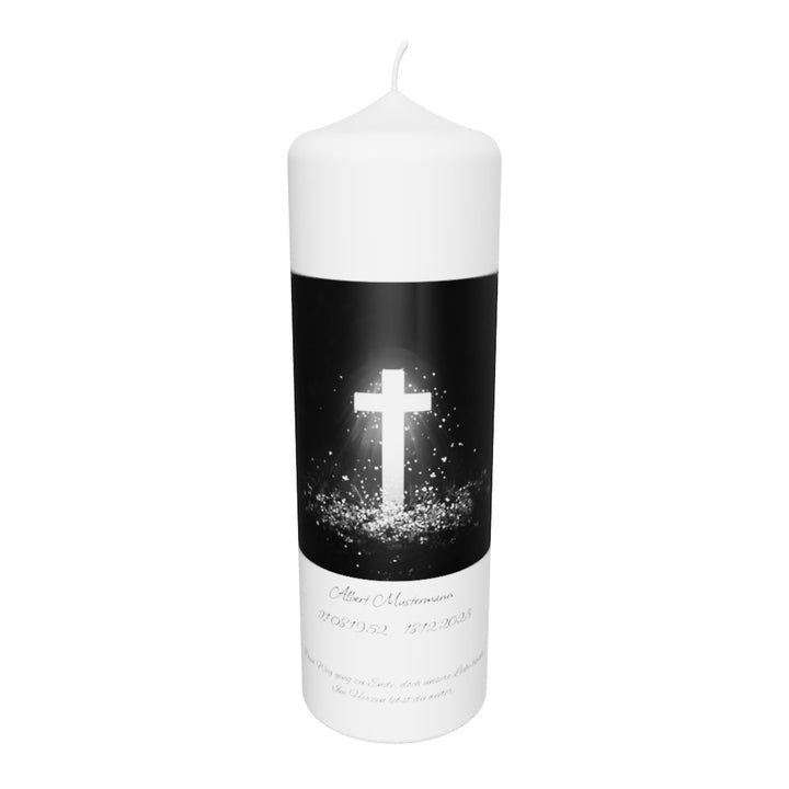 Trauerkerze „Leuchtkreuz & Lichtfunken“ – modern, tröstlich & hoffnungsvoll